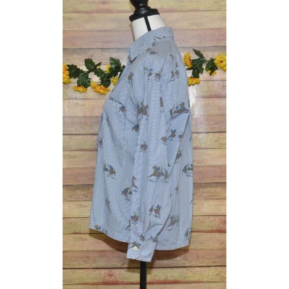 Vintage Rare Ladies 10 British Khaki Blue Pinstripe Button Down Shirt Polo Horse - Picture 5 of 9